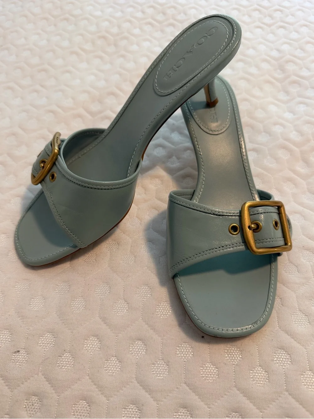 Coach Light Blue Leather Buckle Mule Heels - Picture 1 of 8